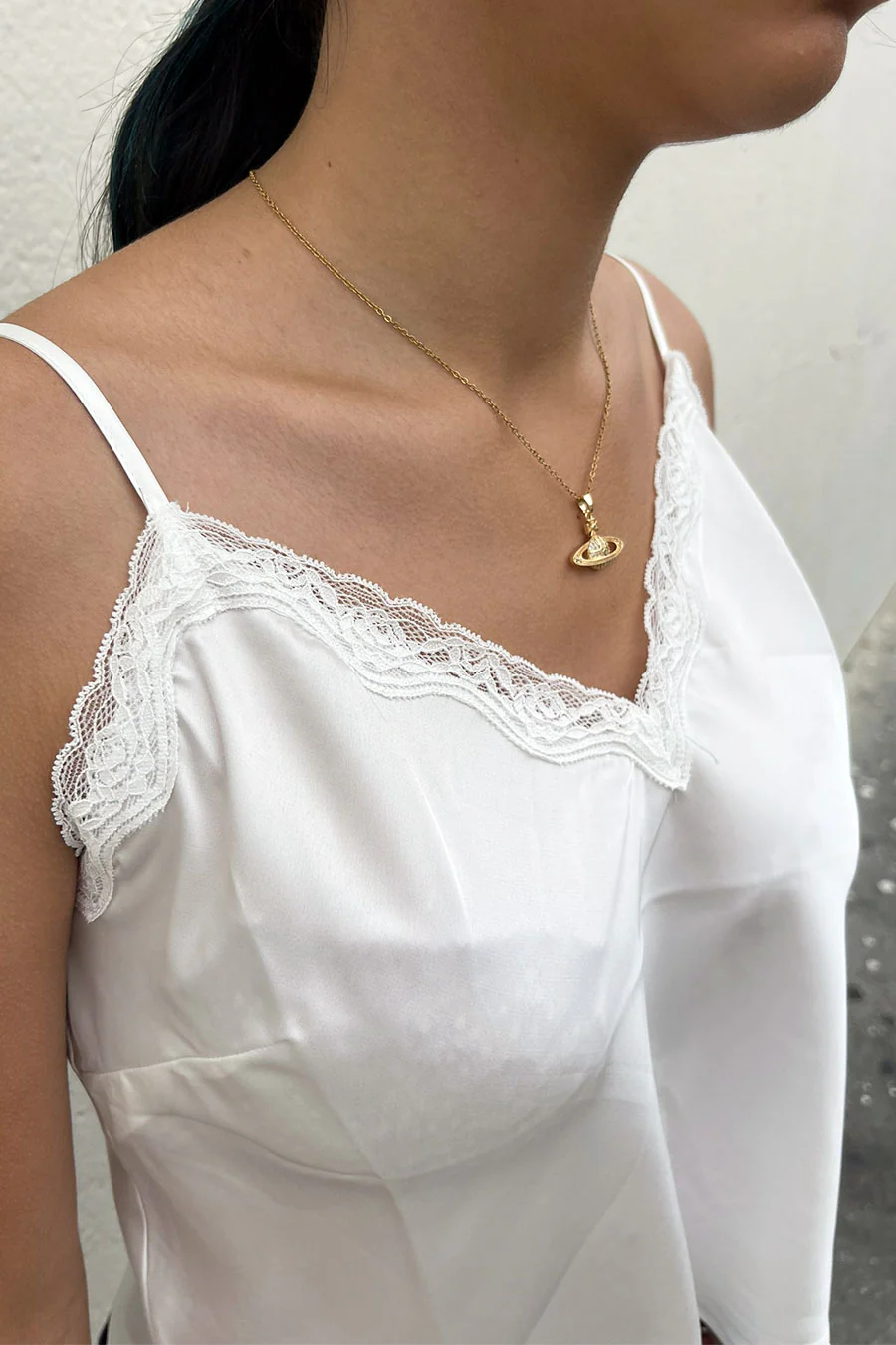Vintage Style Stretchy Satin Cami Top with Lace Front - Image 2