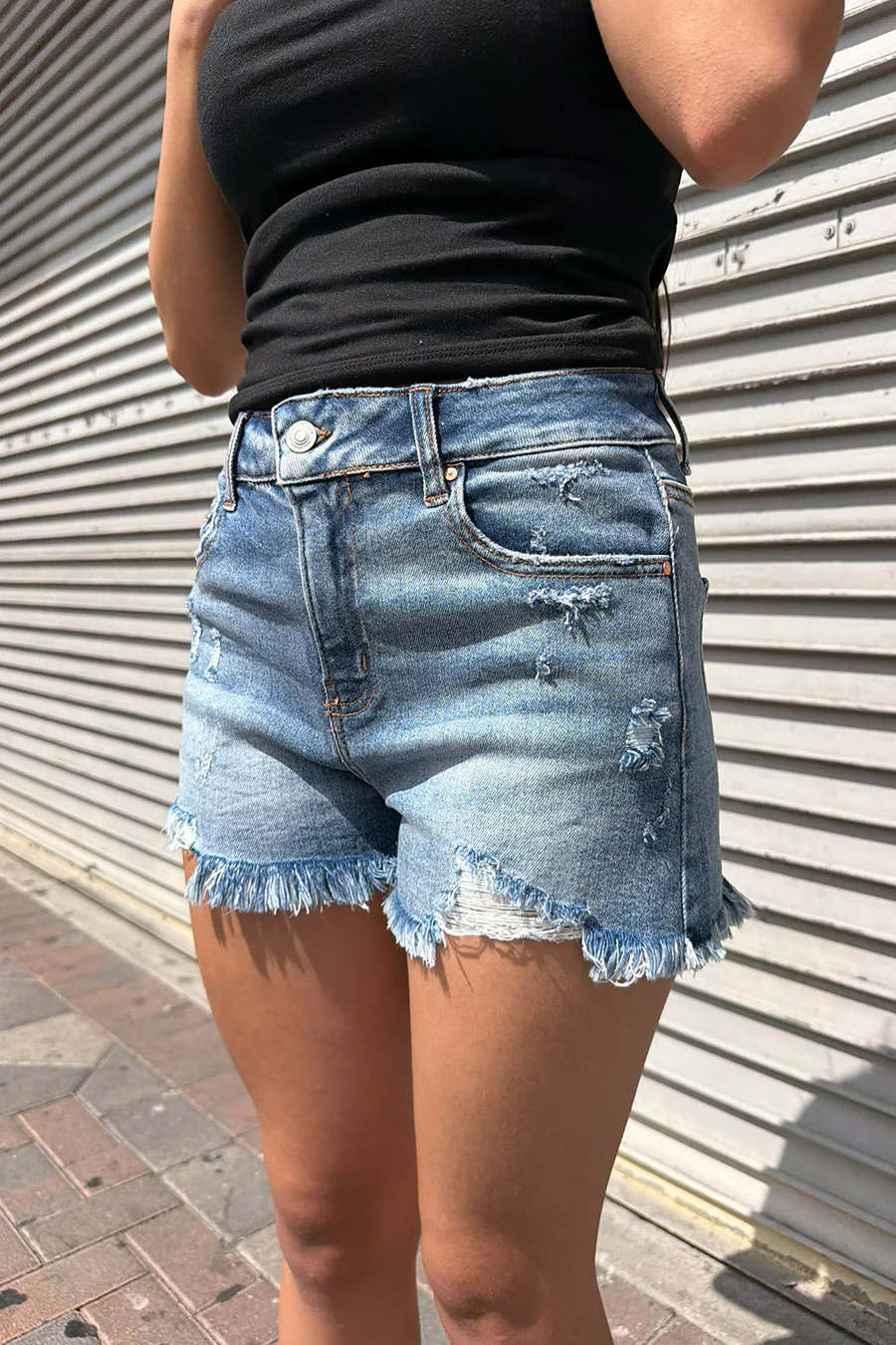 WAXJEAN Potasium Wash Distressed Frayed Hem Denim Shorts - Image 3