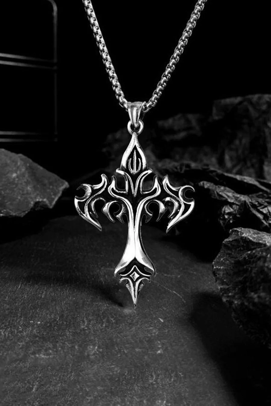 Y2K 2000s Flaming Gothic Cross Pendant Necklace