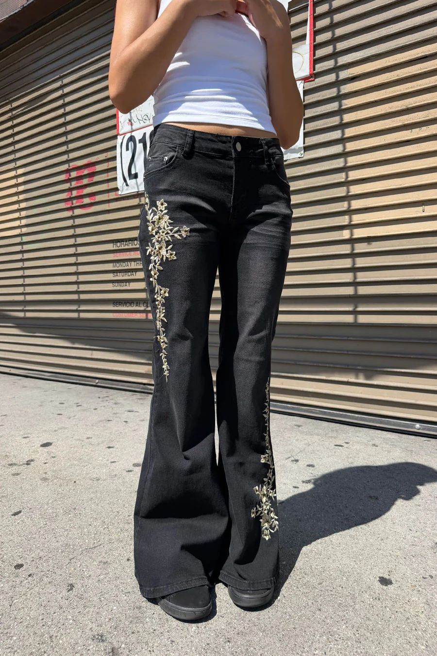 Y2K 2000s Low-Rise Floral Embroidered Black Wash Flare Boot Cut Jean with Good Stretch - Image 5