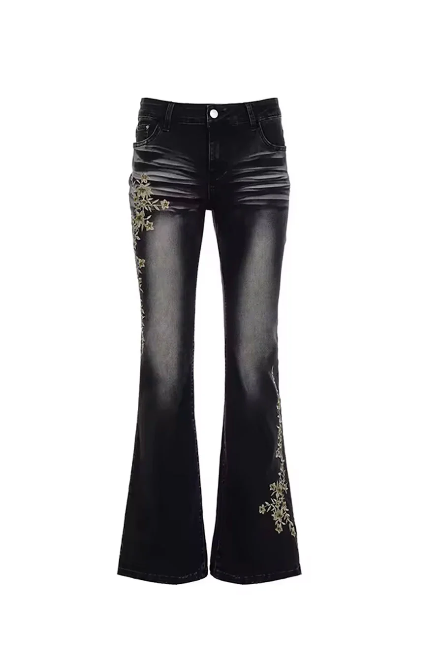 Y2K 2000s Low-Rise Floral Embroidered Black Wash Flare Boot Cut Jean with Good Stretch - Image 6