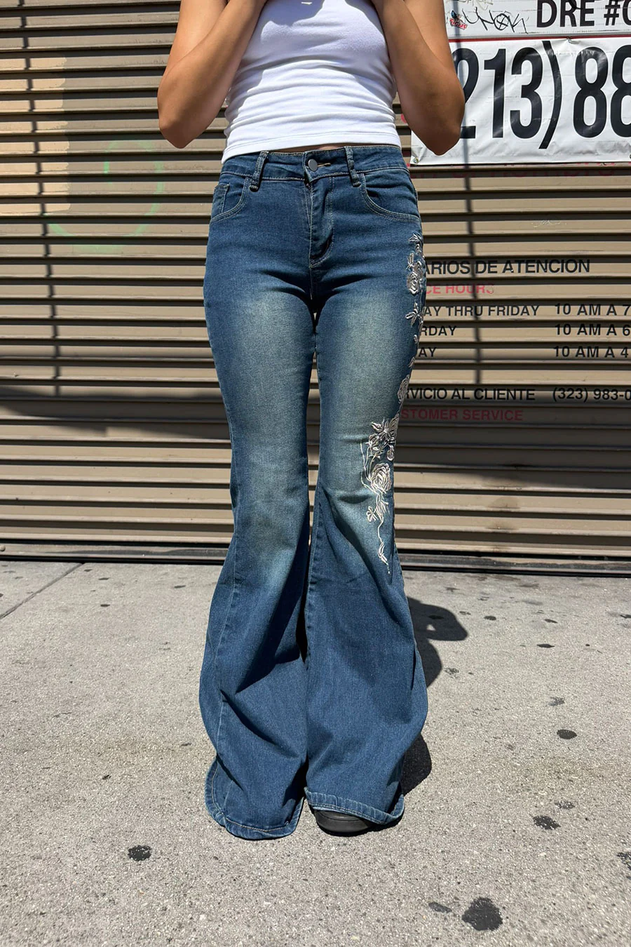 Y2K 2000s Mid-Rise Floral Pattern Embroidered Medium Wash Flare Boot Cut Jean with Good Stretch - Image 3