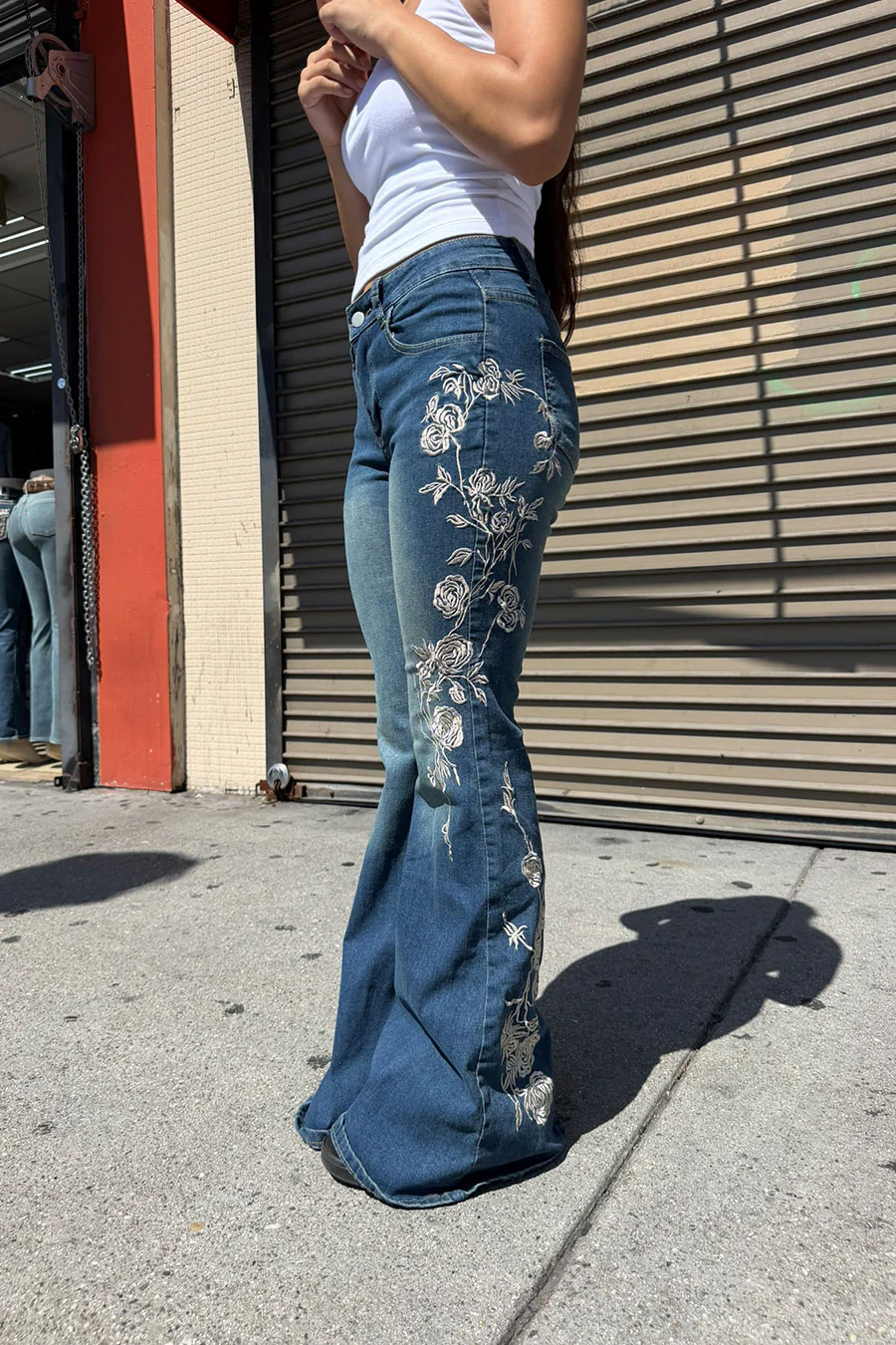 Y2K 2000s Mid-Rise Floral Pattern Embroidered Medium Wash Flare Boot Cut Jean with Good Stretch - Image 4
