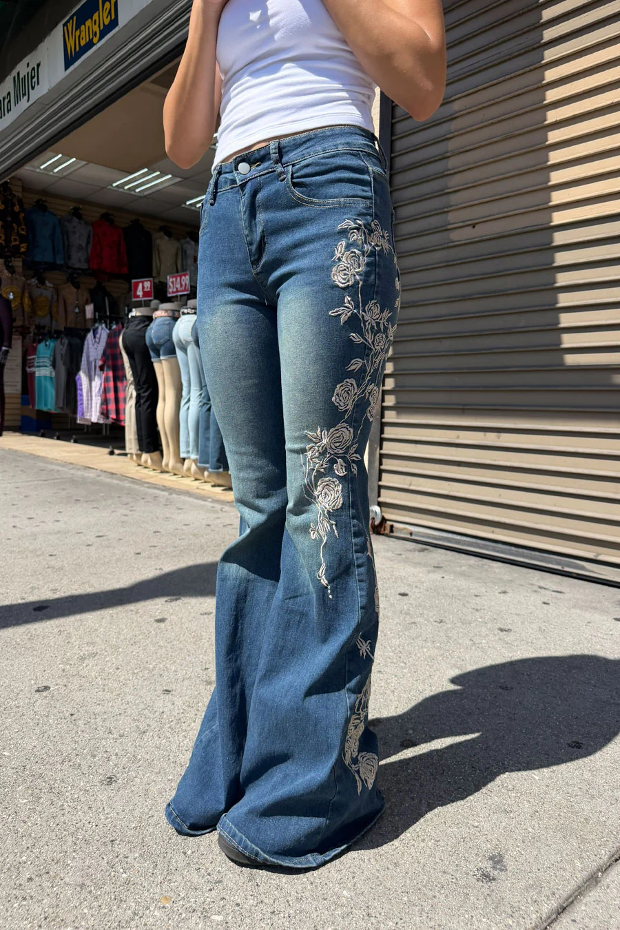 Y2K 2000s Mid-Rise Floral Pattern Embroidered Medium Wash Flare Boot Cut Jean with Good Stretch - Image 5