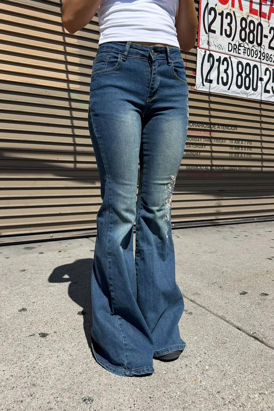 Y2K 2000s Mid-Rise Floral Pattern Embroidered Medium Wash Flare Boot Cut Jean with Good Stretch - Image 7