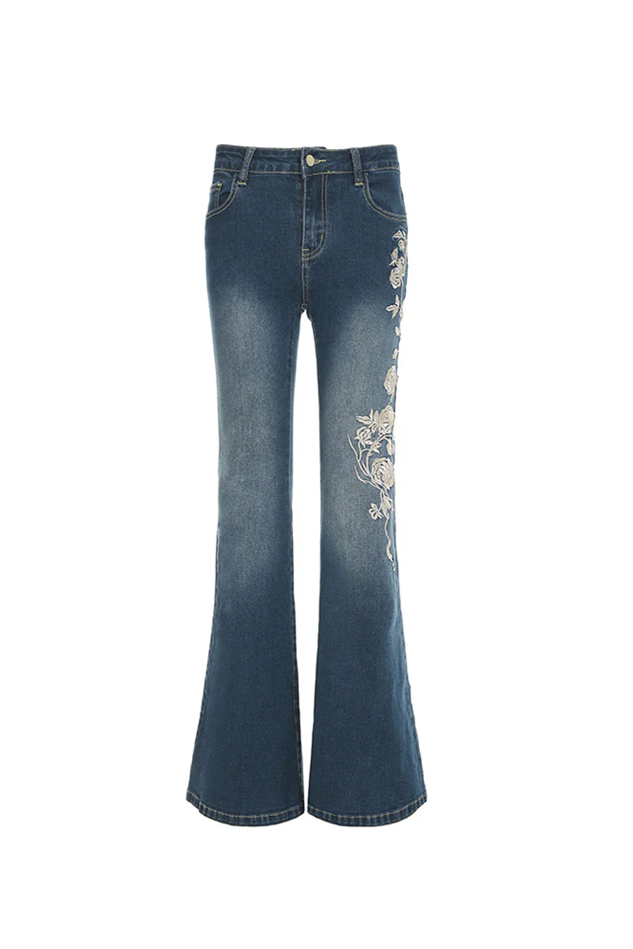 Y2K 2000s Mid-Rise Floral Pattern Embroidered Medium Wash Flare Boot Cut Jean with Good Stretch - Image 9