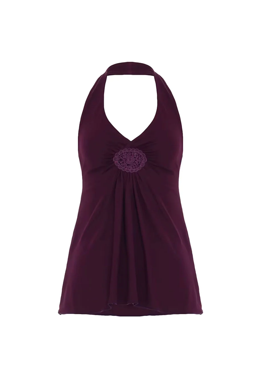 Y2K 2000s Vintage Halter Neck Flare Top with Floral Patch Detail - Image 6