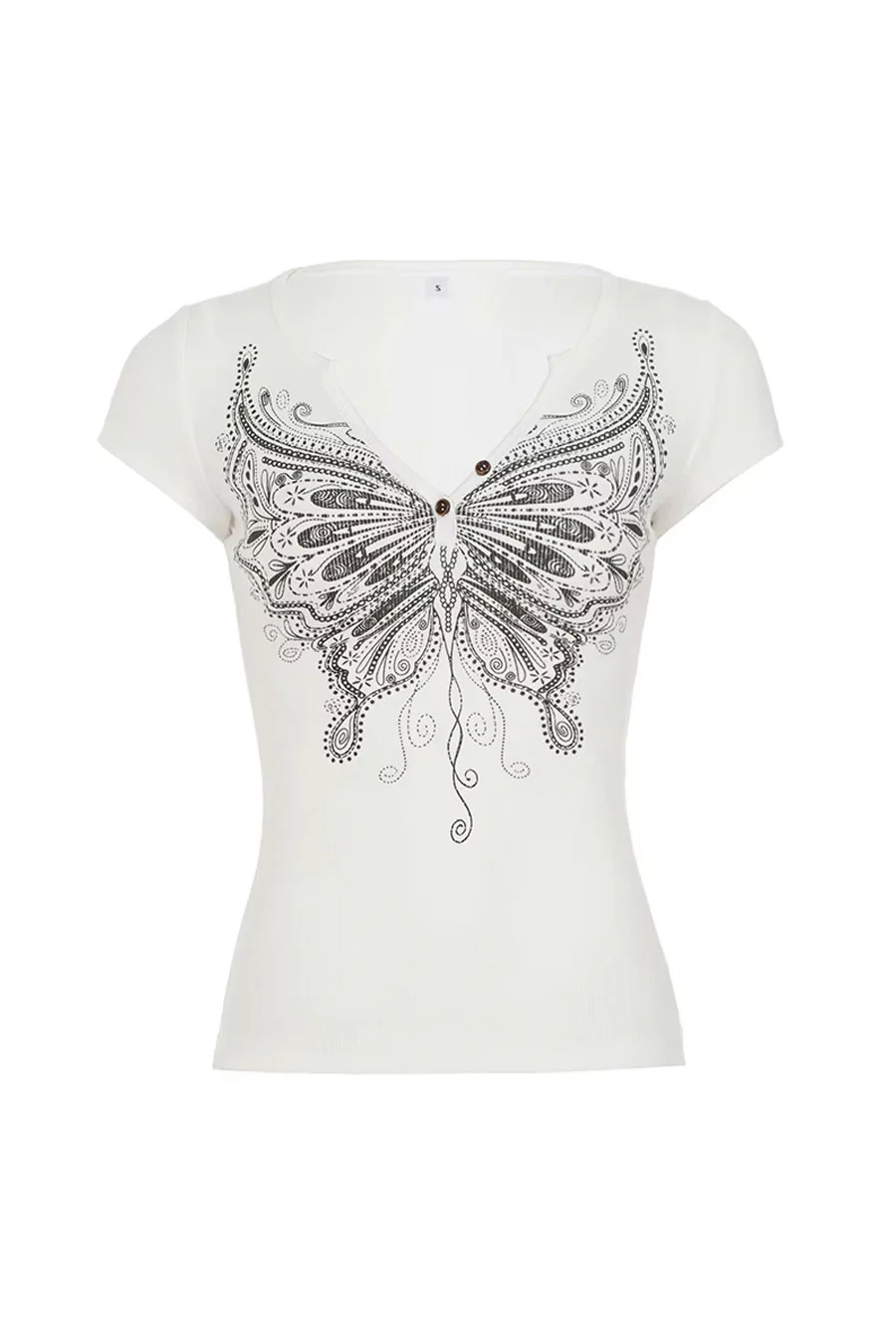 Y2K Angel Butterfly Graphic Print Ribbed Henley Top - Image 6