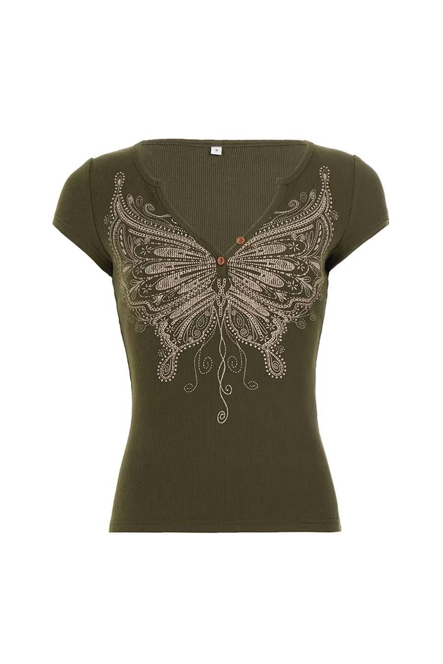 Y2K Angel Butterfly Graphic Print Ribbed Henley Top - Image 7