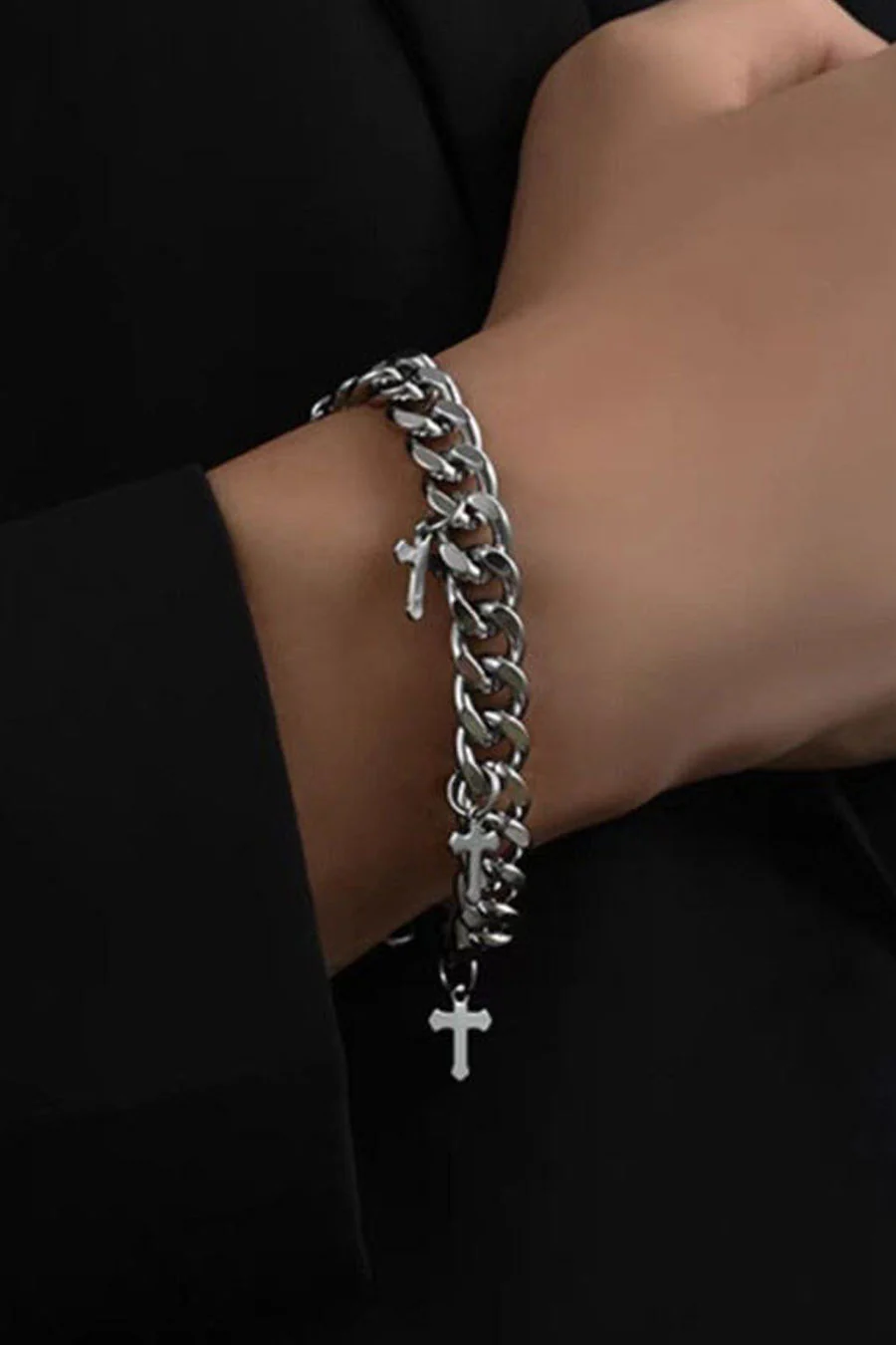 Y2K Gothic Steel Small Cross Charm Chunky Chain Bracelets - Image 2