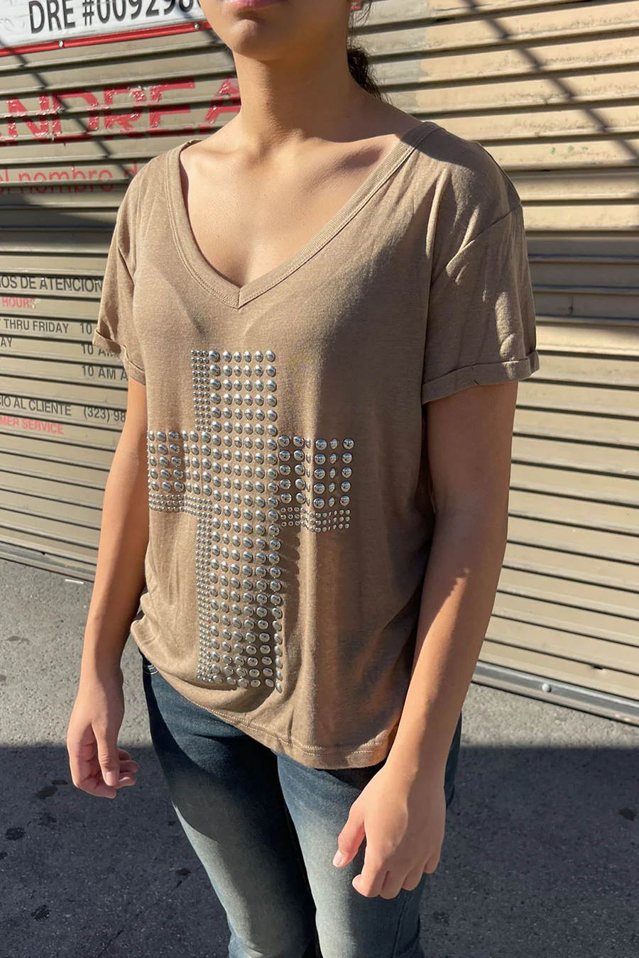 Y2K Grunge Metal Stud Cross Print Wide V-Neck Short Sleeve Oversized T-Shirt