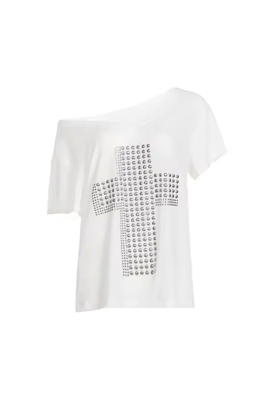 Y2K Grunge Metal Stud Cross Print Wide V-Neck Short Sleeve Oversized T-Shirt - Image 10