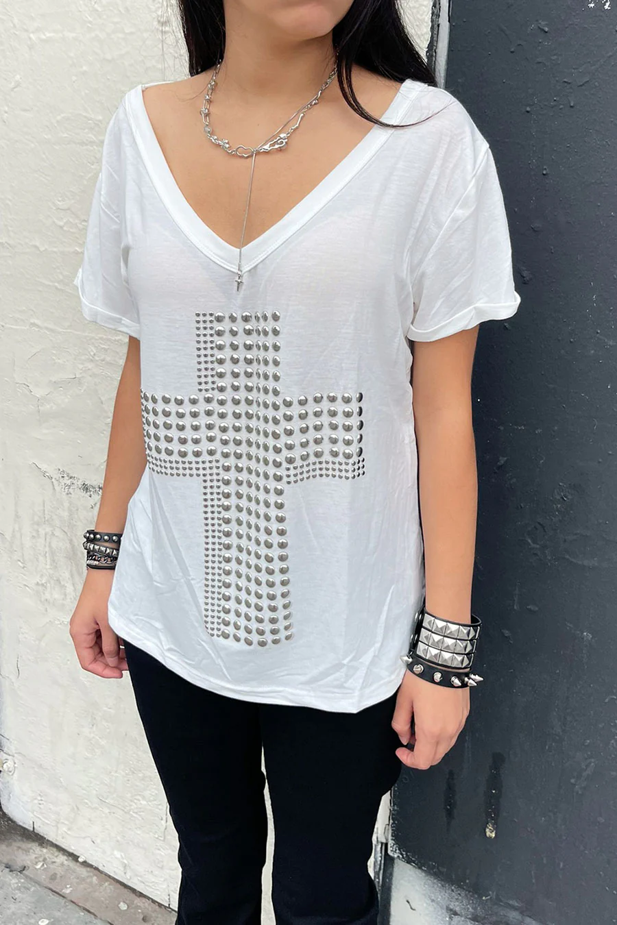 Y2K Grunge Metal Stud Cross Print Wide V-Neck Short Sleeve Oversized T-Shirt - Image 5