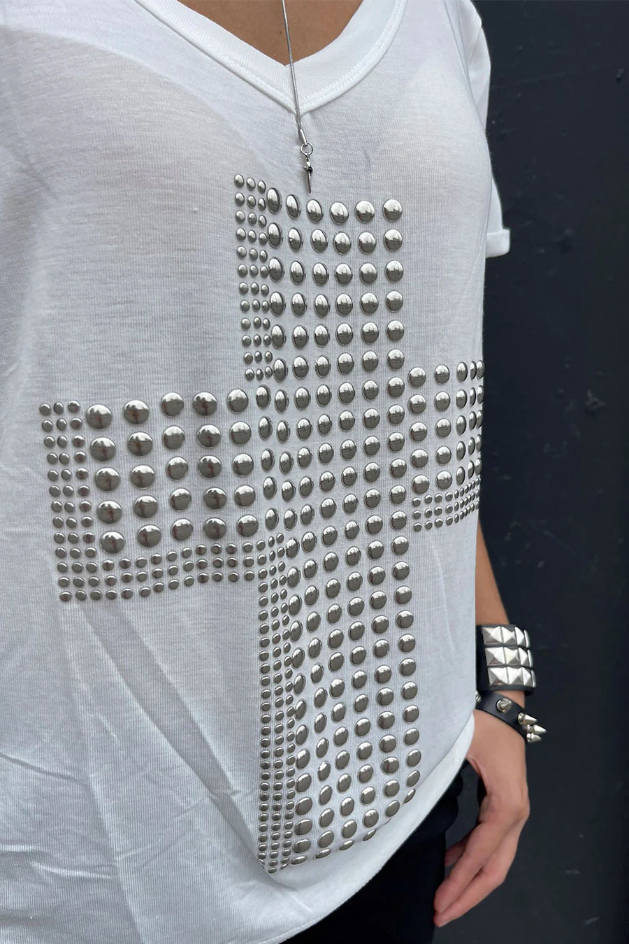 Y2K Grunge Metal Stud Cross Print Wide V-Neck Short Sleeve Oversized T-Shirt - Image 6