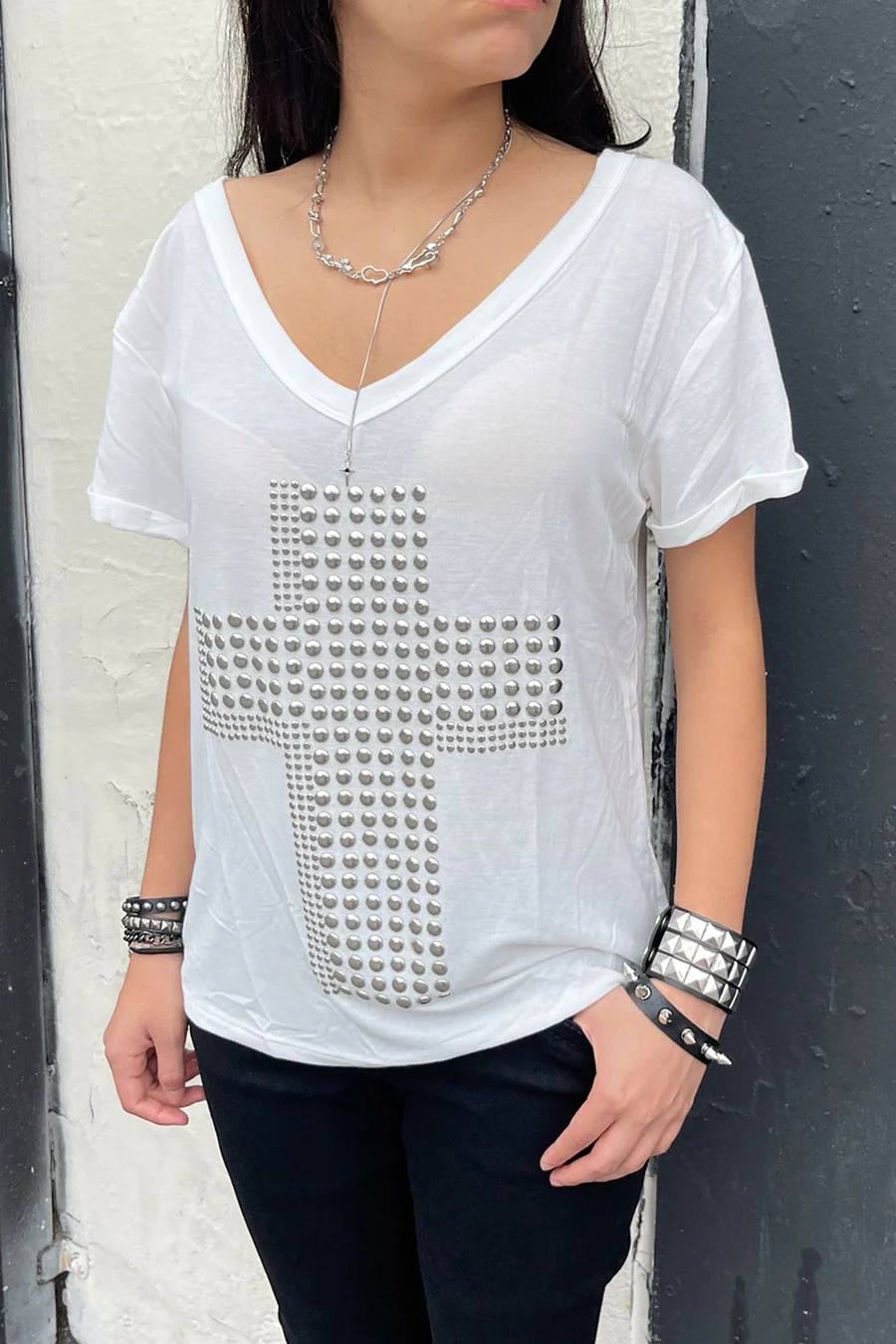 Y2K Grunge Metal Stud Cross Print Wide V-Neck Short Sleeve Oversized T-Shirt - Image 7