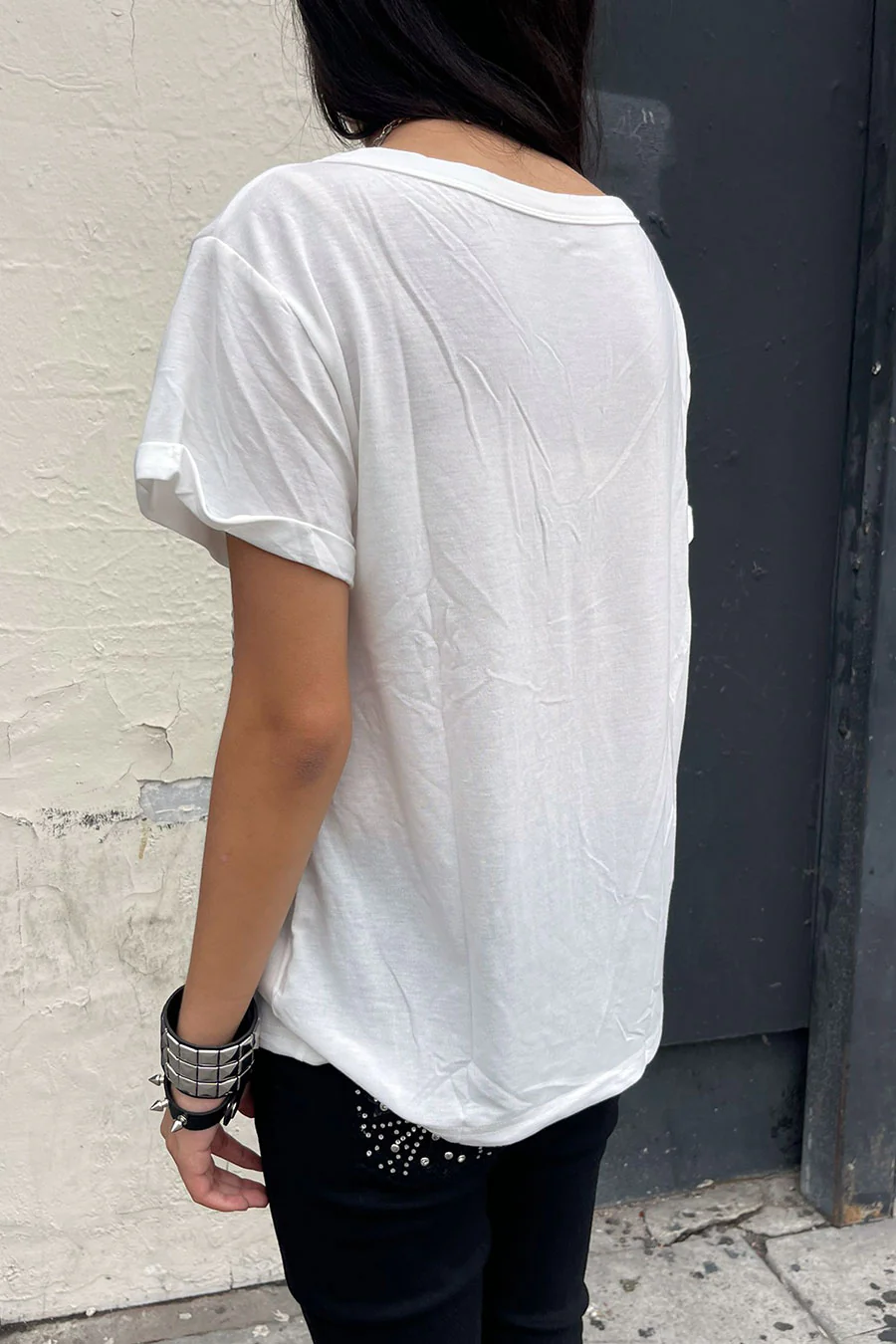 Y2K Grunge Metal Stud Cross Print Wide V-Neck Short Sleeve Oversized T-Shirt - Image 8