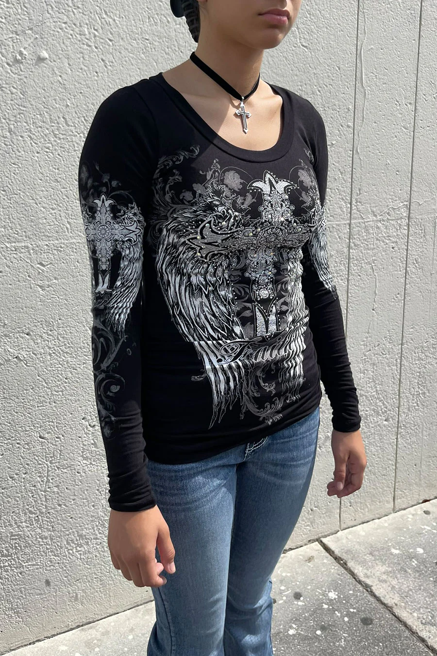 Y2K McBling Cross & Wing Graphic Rhinestone Print Side Shirred Long Sleeve T-Shirt