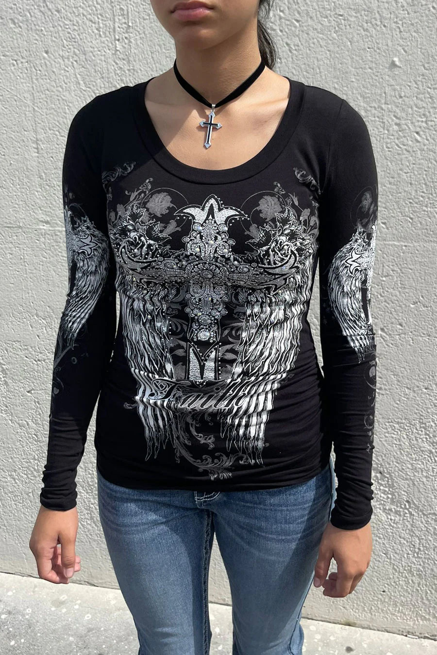 Y2K McBling Cross & Wing Graphic Rhinestone Print Side Shirred Long Sleeve T-Shirt - Image 2