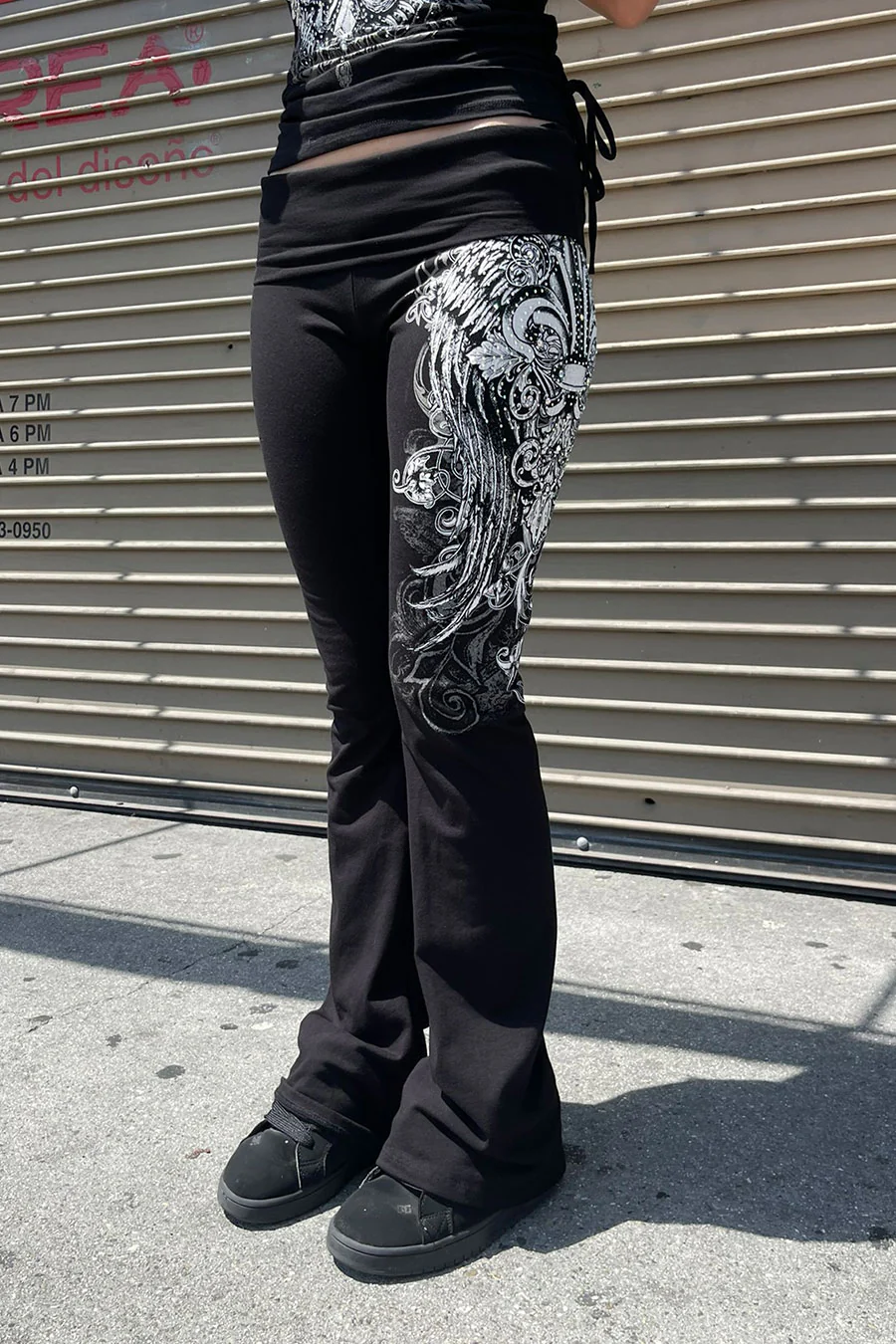 Y2K McBling Fleur De Lis Jeweled Rhinestone Print Fold-Over Flare Pants