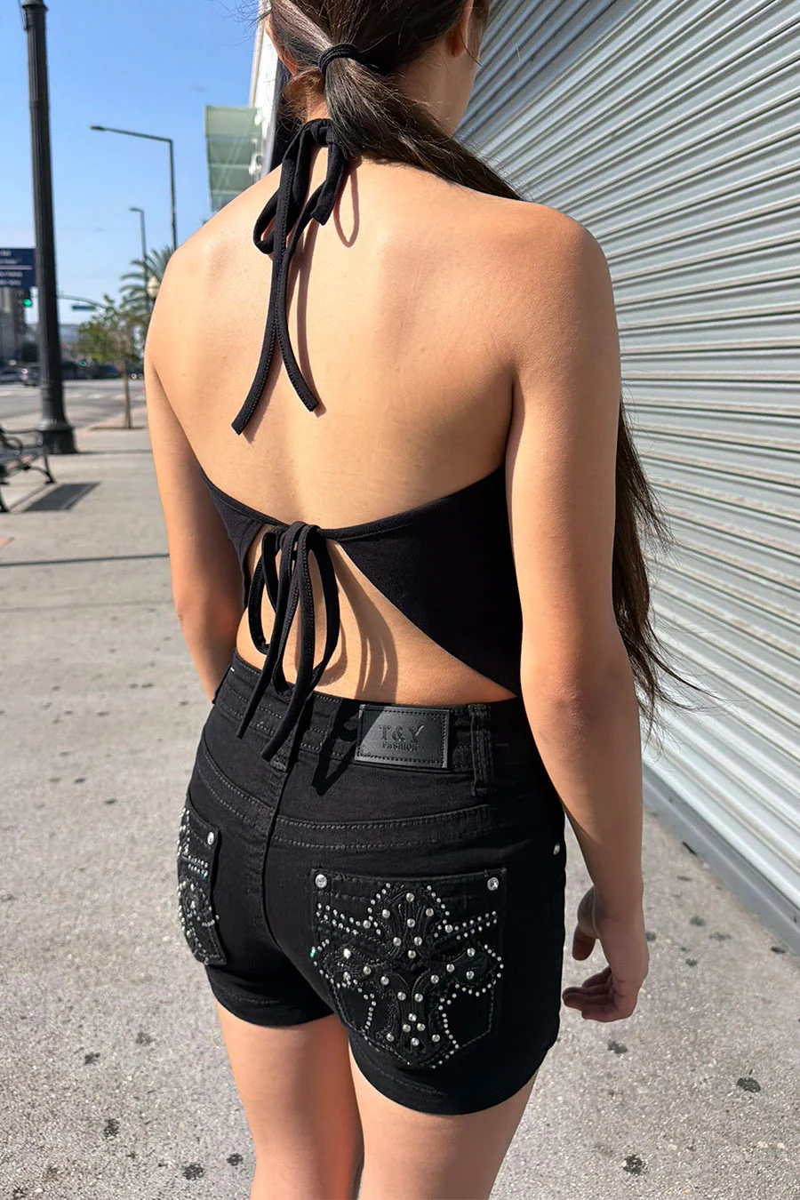 Y2K McBling Fleur De Lis RhineStone Print Halter Tie Neck Top - Image 2