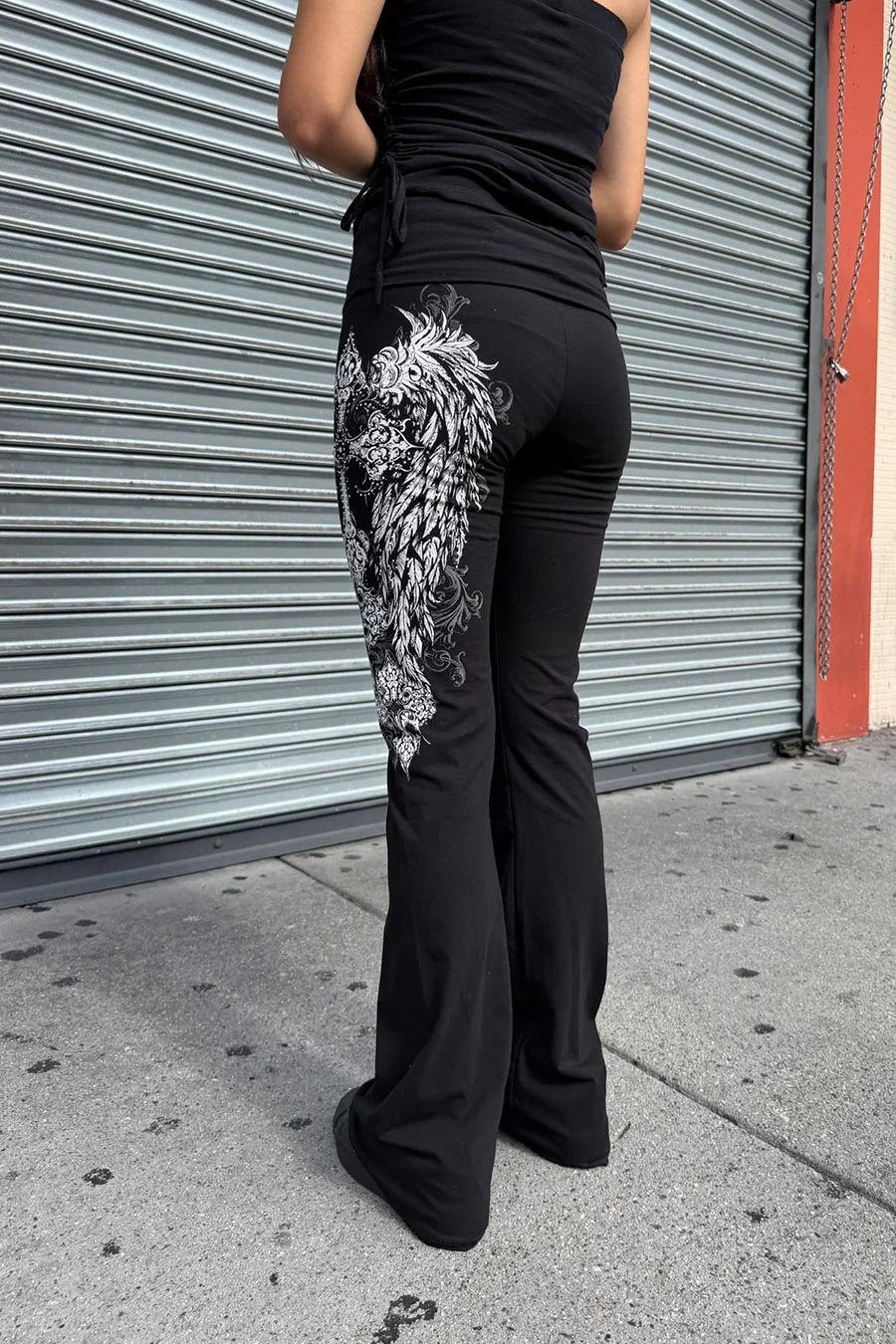 Y2K McBling Gothic Cross & Wing Rhinestone Print Fold-Over Flare Pants - Image 3