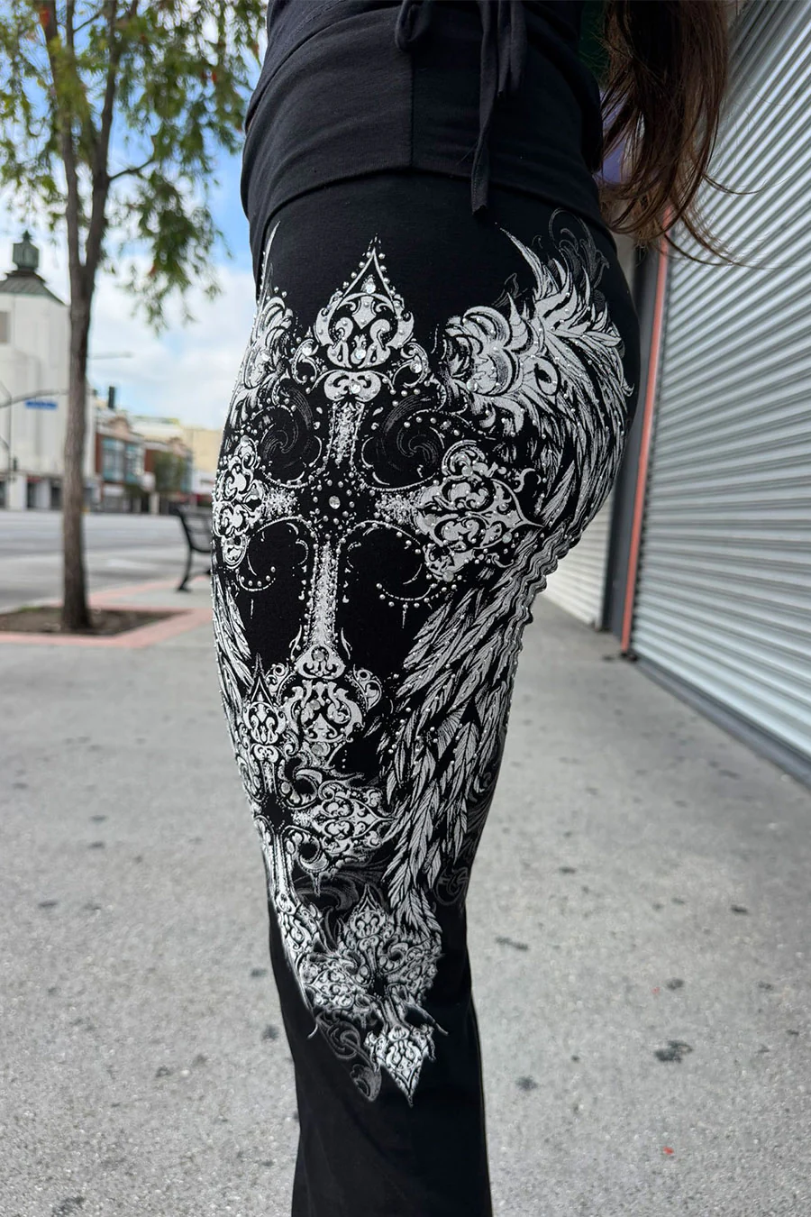 Y2K McBling Gothic Cross & Wing Rhinestone Print Fold-Over Flare Pants - Image 5