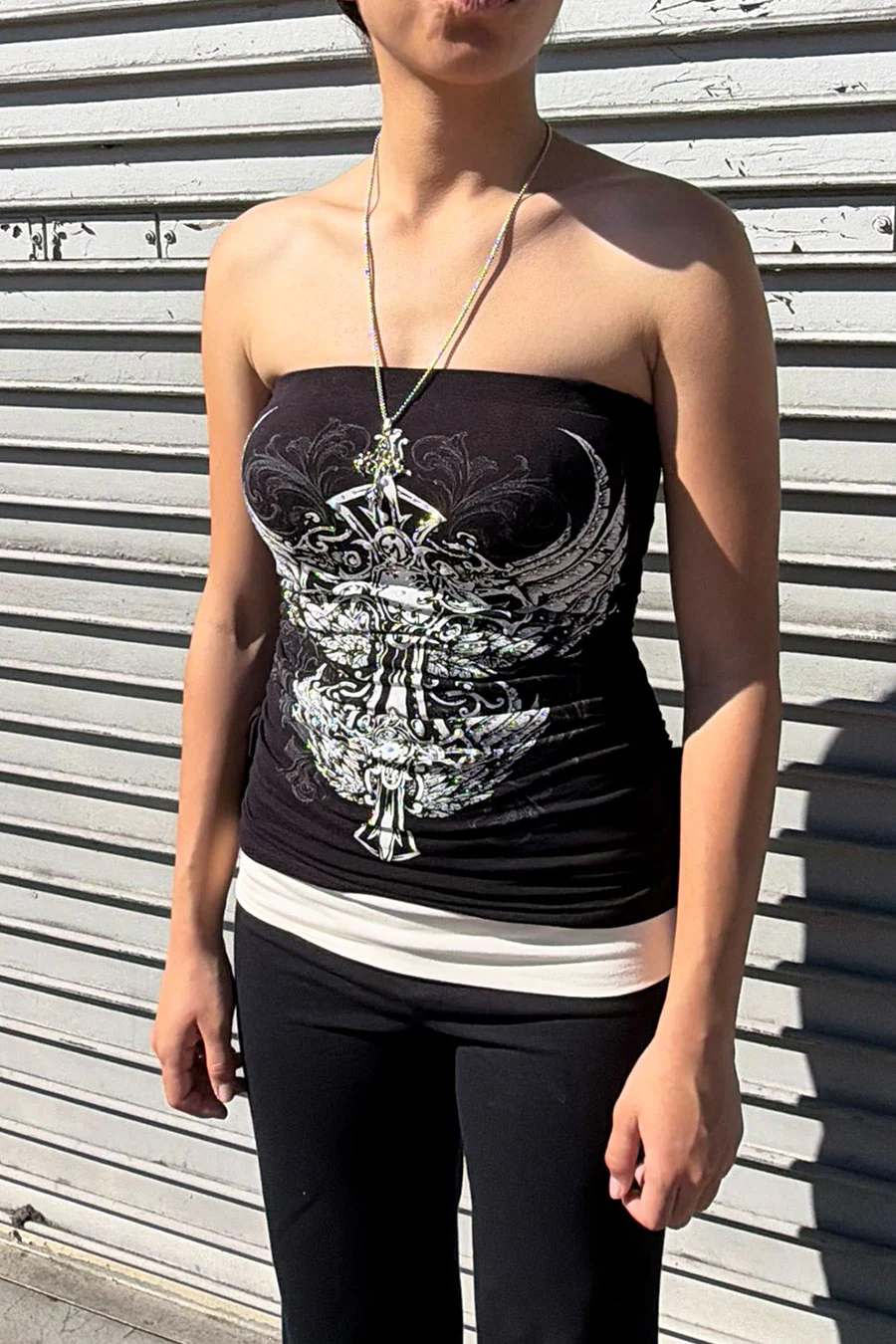 Y2K McBling Gothic Cross & Two Wing RhineStone Print Side Shirred Tube Top
