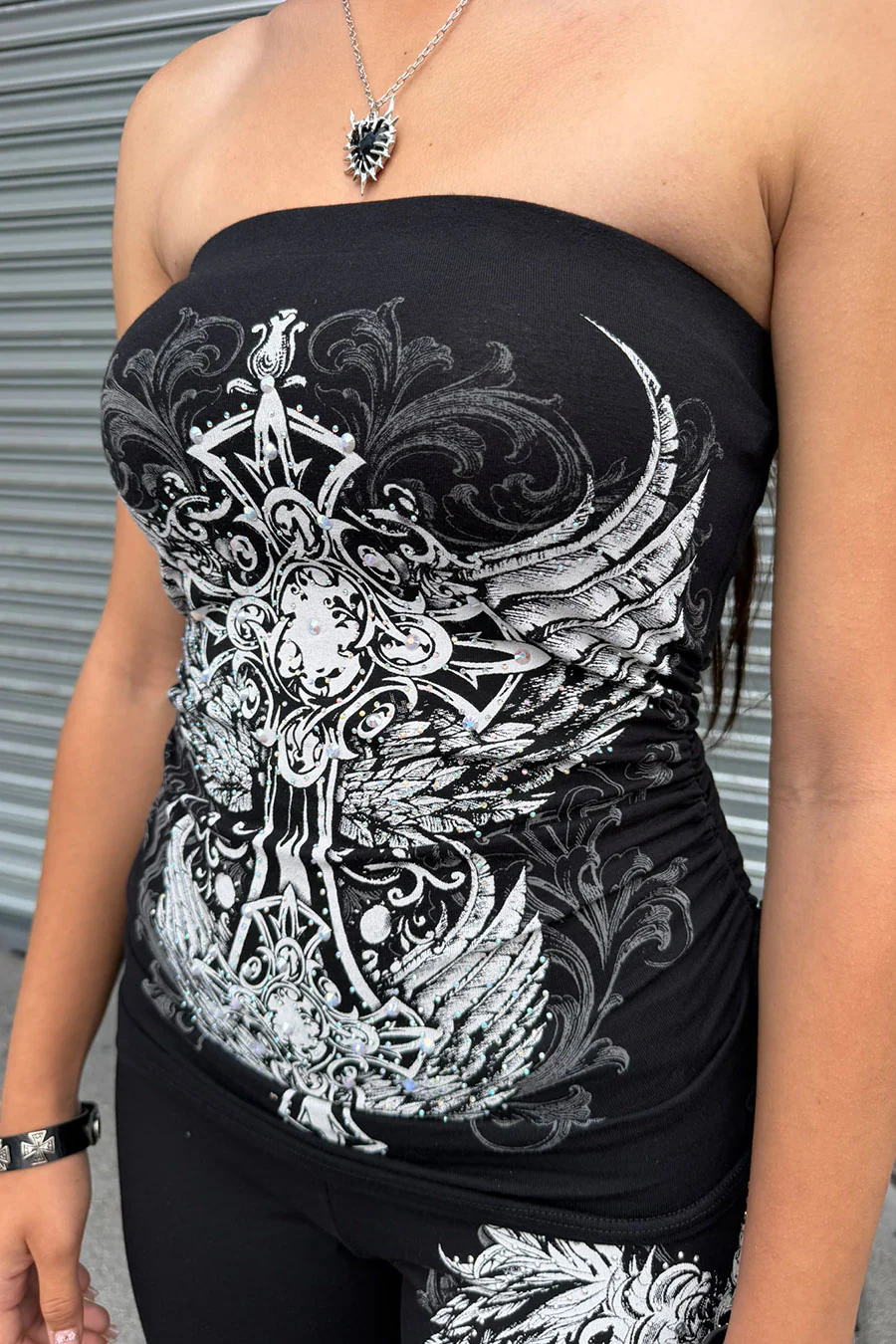 Y2K McBling Gothic Cross & Two Wing RhineStone Print Side Shirred Tube Top - Image 2