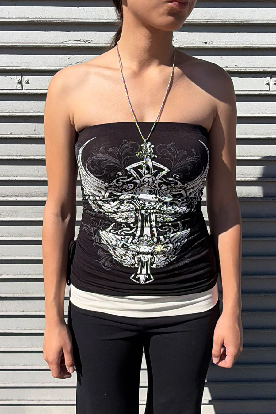 Y2K McBling Gothic Cross & Two Wing RhineStone Print Side Shirred Tube Top - Image 3