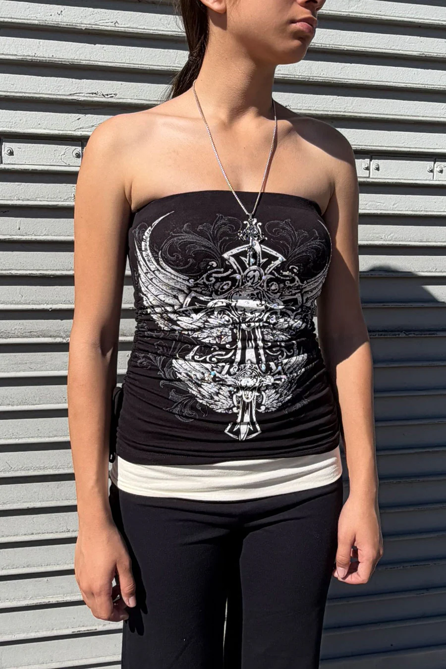 Y2K McBling Gothic Cross & Two Wing RhineStone Print Side Shirred Tube Top - Image 4