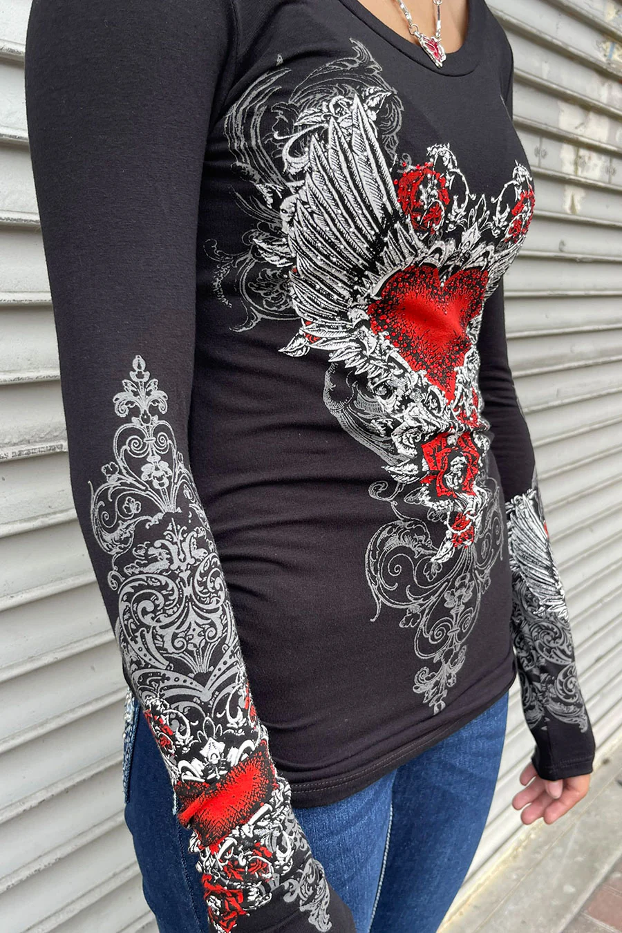 Y2K McBling Red Heart Graphic Rhinestone Print Side Shirred Long Sleeve T-Shirt - Image 3