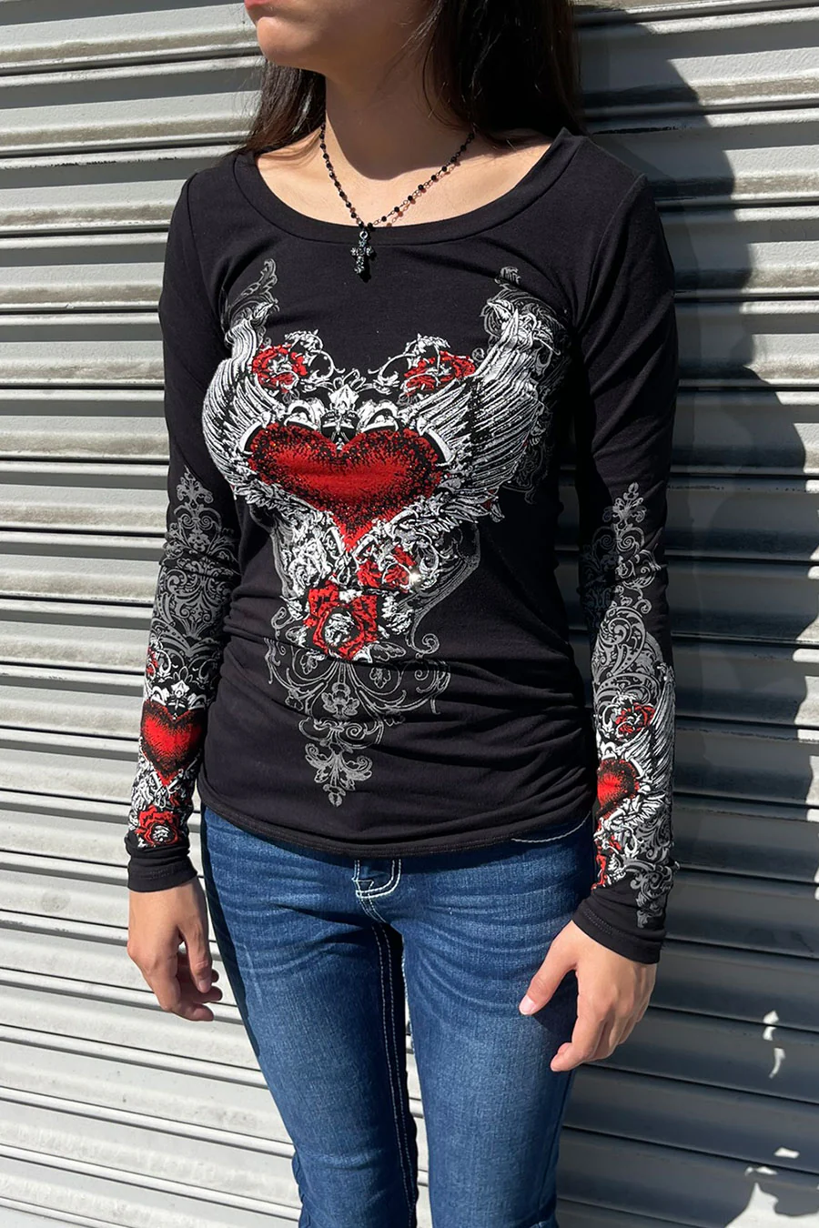 Y2K McBling Red Heart Graphic Rhinestone Print Side Shirred Long Sleeve T-Shirt - Image 6