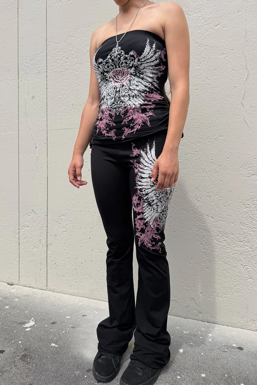 Y2K McBling Soft Pink Rose & Wing RhineStone Print Side Shirred Tube Top Black - Image 10