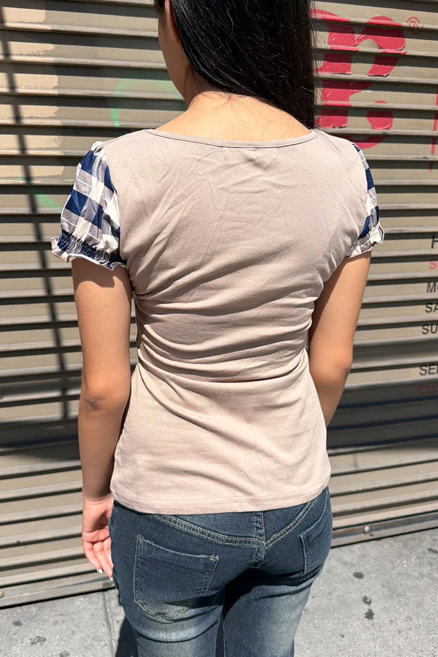 Y2K Plaid Faux-Layered Short Puff Sleeve Button-Front Peasant Top - Image 3