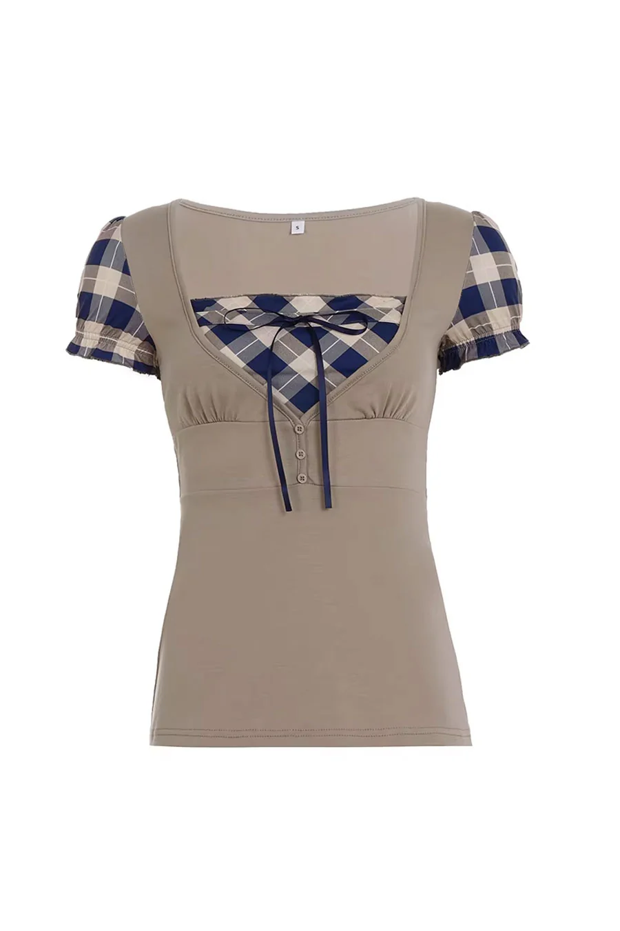 Y2K Plaid Faux-Layered Short Puff Sleeve Button-Front Peasant Top - Image 4