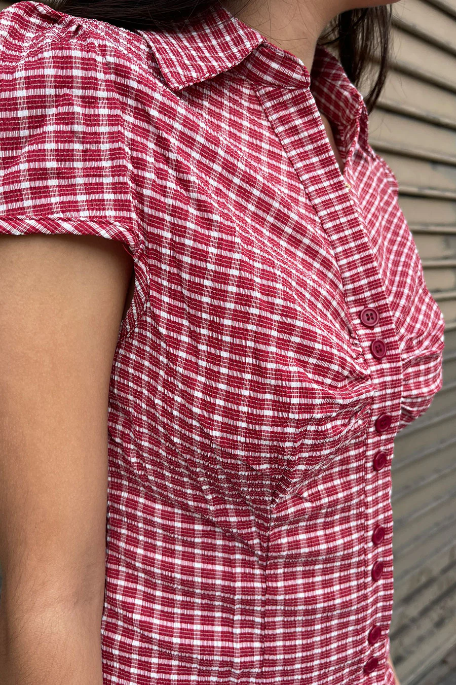 Y2K Red Gingham Checkered Puff Sleeve Fitted Shirt - Image 2