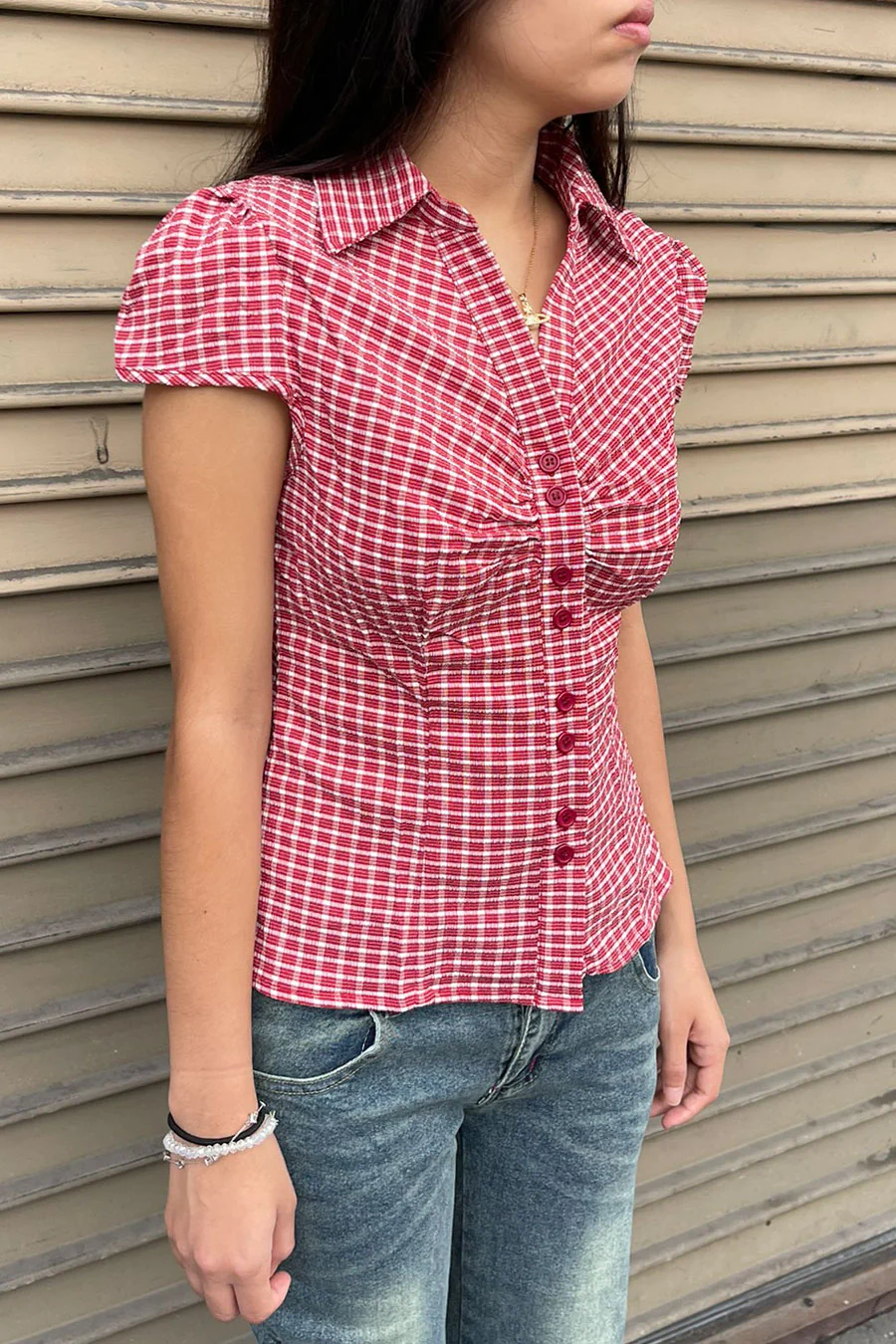 Y2K Red Gingham Checkered Puff Sleeve Fitted Shirt - Image 4