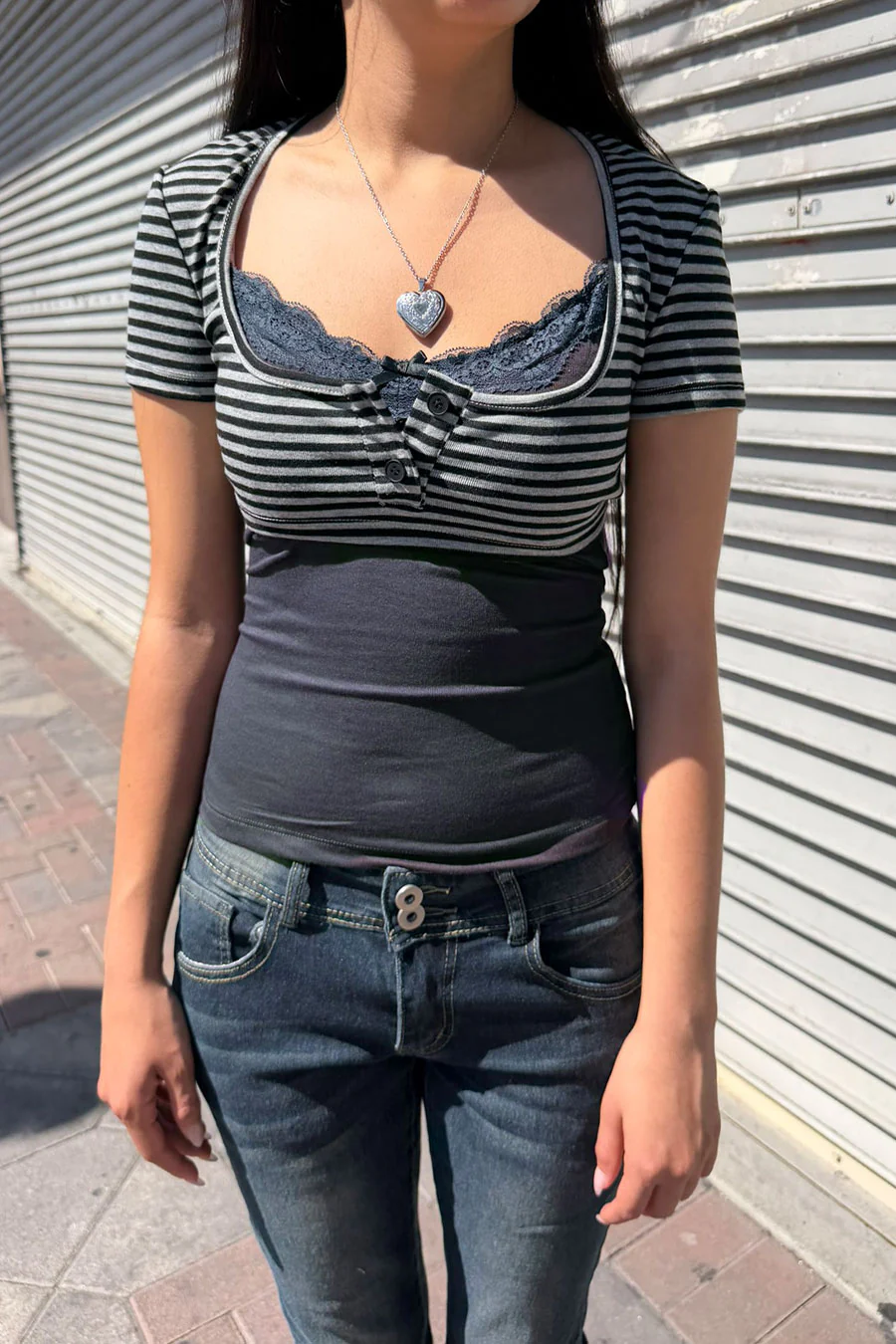Y2K Stripped Cropped Henley & Lace Cami 2 Piece Top Set - Image 2
