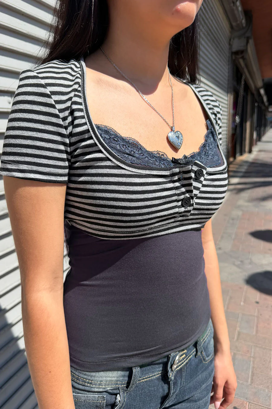 Y2K Stripped Cropped Henley & Lace Cami 2 Piece Top Set - Image 4
