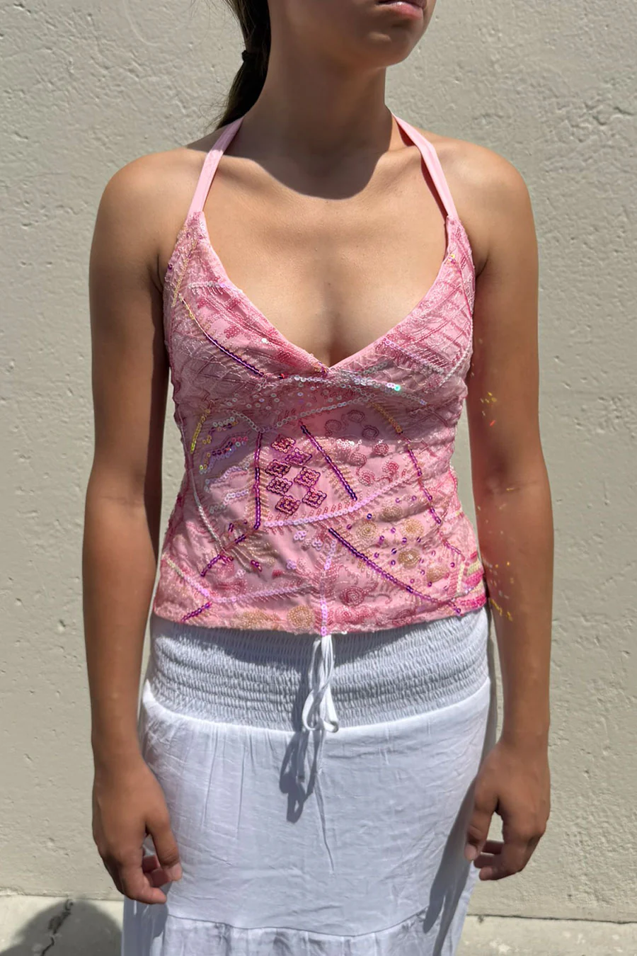 Y2K Vintage Boho Style Sequin V-Neck Top with Tie Back - Image 2